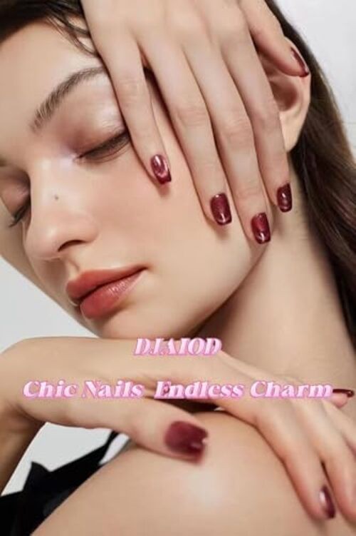 Wine Red French Short Press on Nails Nude Cat Eye Oval Fake Nails White Oval-S9