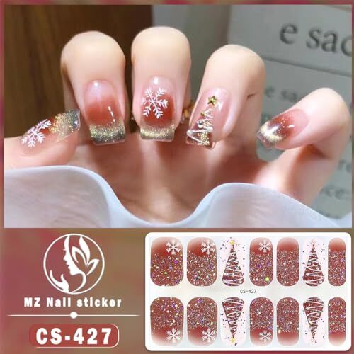 Christmas Gel Nail Stickers Glitter Snowflakes Nail Christmas Full Nail Wraps-4