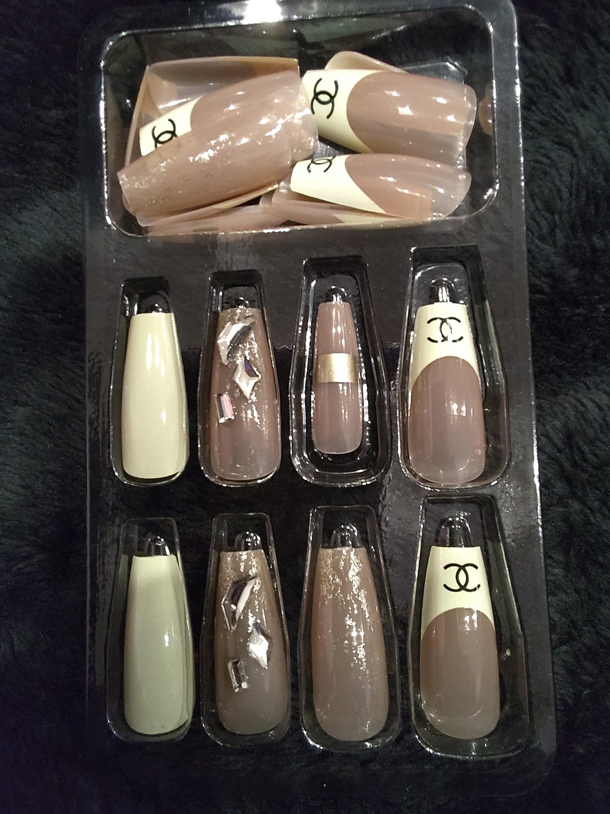 French Salon Quality Press On Nails Luxury Logo Print Rhinestone Long Coffin