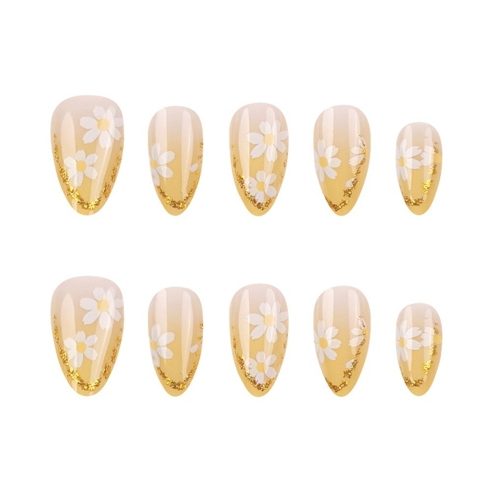 Floral Design Press On Nails Almond Cut White Nude Gold Trimmed 24 Pieces ABS