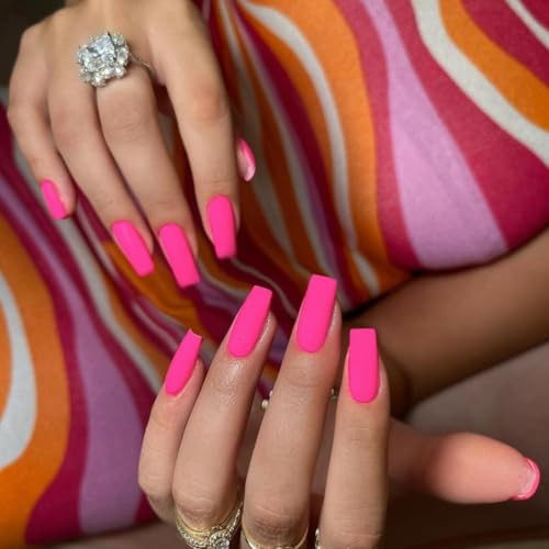 Matte Neon Hot Pink Press on Nails Long Medium Square, Fake matte hot pink