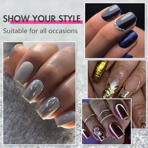 Mirror Metal Light Blue Press on Nails Medium Short Square Square Light Blue