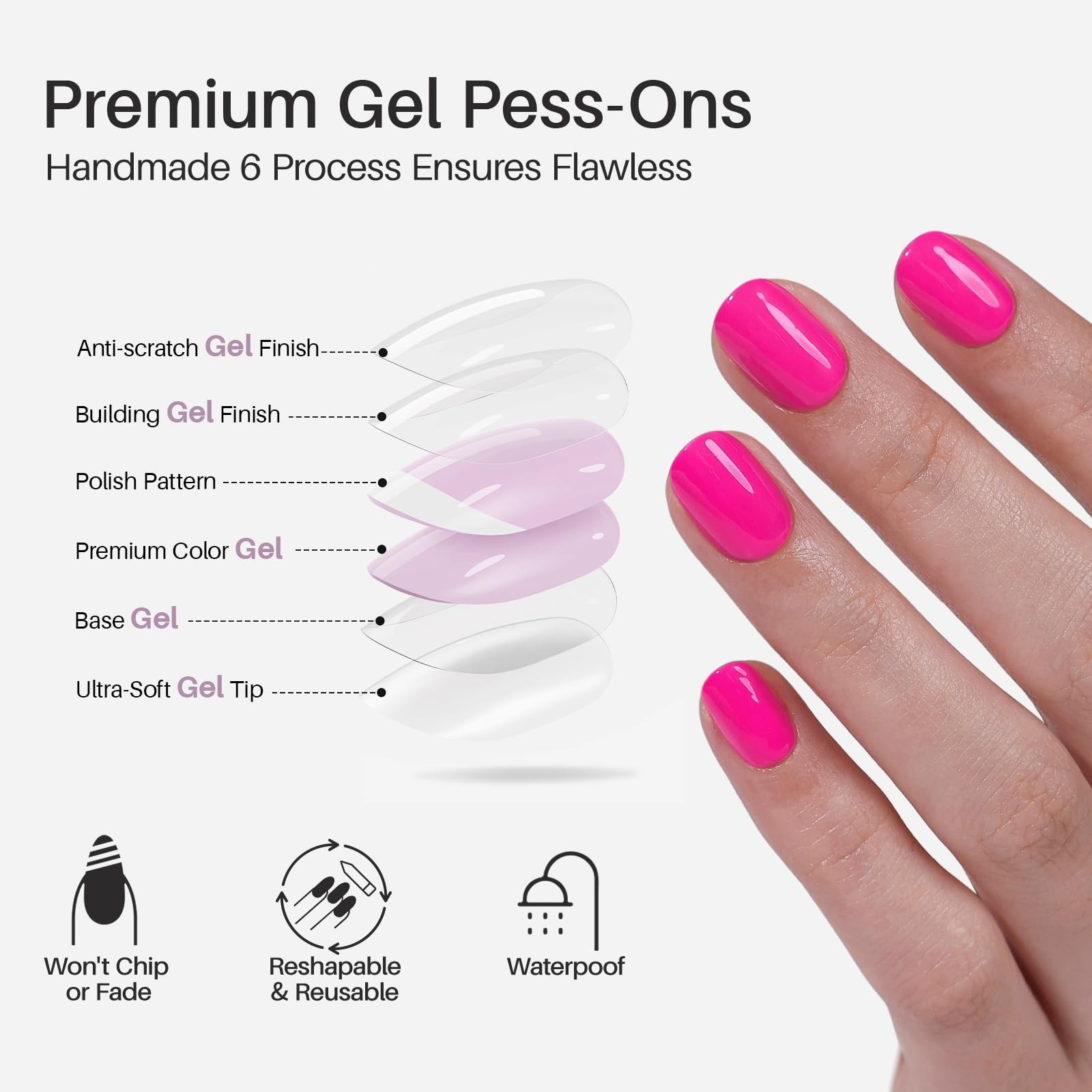 Hot Pink Extra Short Press on Nails – Glossy Squoval Gel Nails, 32 Reusable Kit,