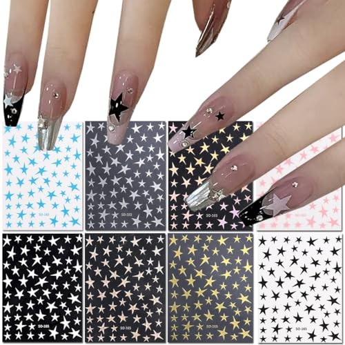 8PCS Star Nail Stickers 3D Shiny Glitters Starlight Self-Adhesive Nail Decals