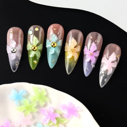 100PCS Nail Charms Acrylic Flower Nail Art Decorations 3D Lily Hibiscus Floral