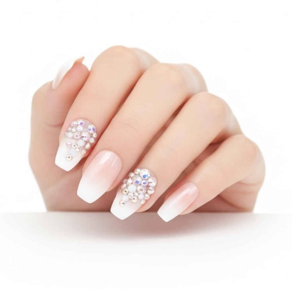 Nude Pink White Ombre French 3D Crystal Press On Nails Long Coffin Fake Nails