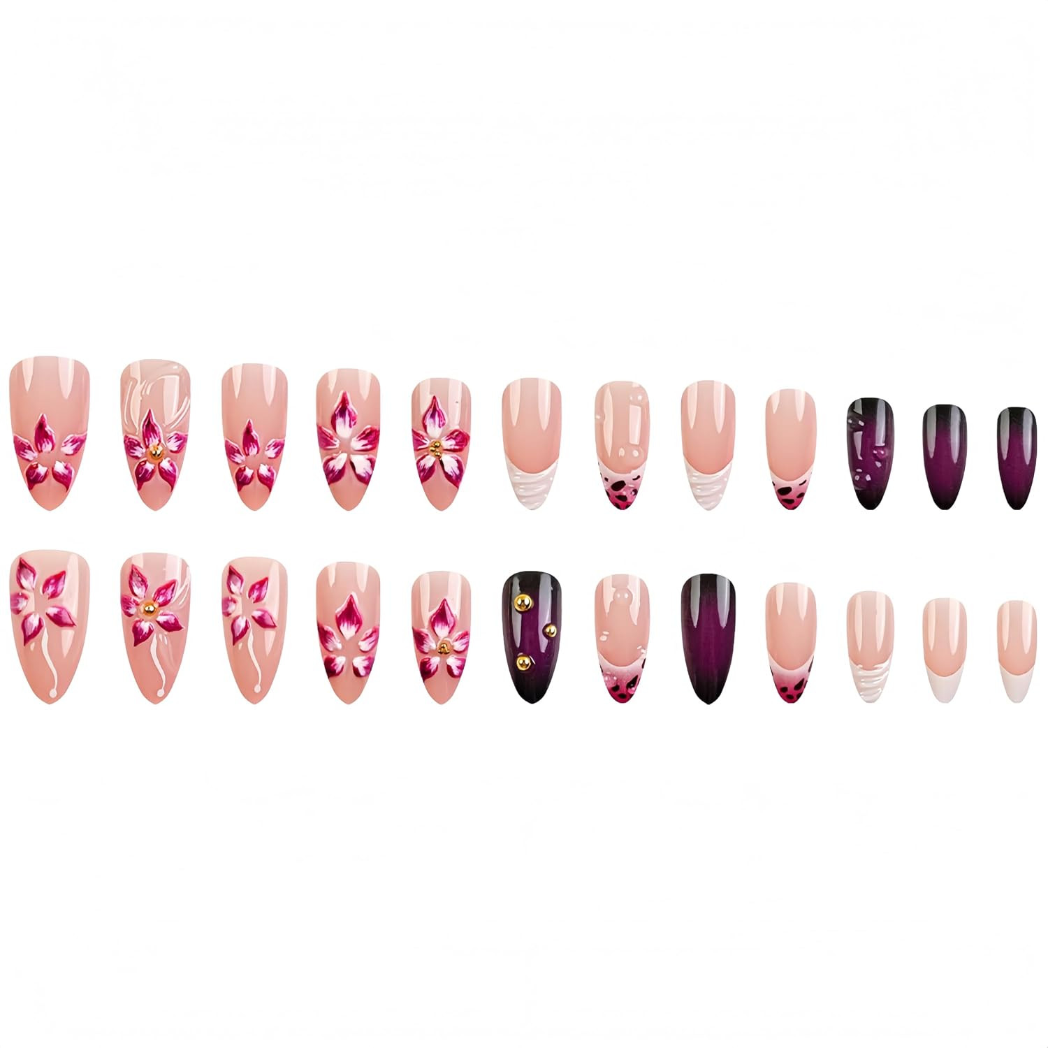 24Pcs Purple Pink Press on Nails Almond Medium 3D Embossed Flower Fake Nails wit