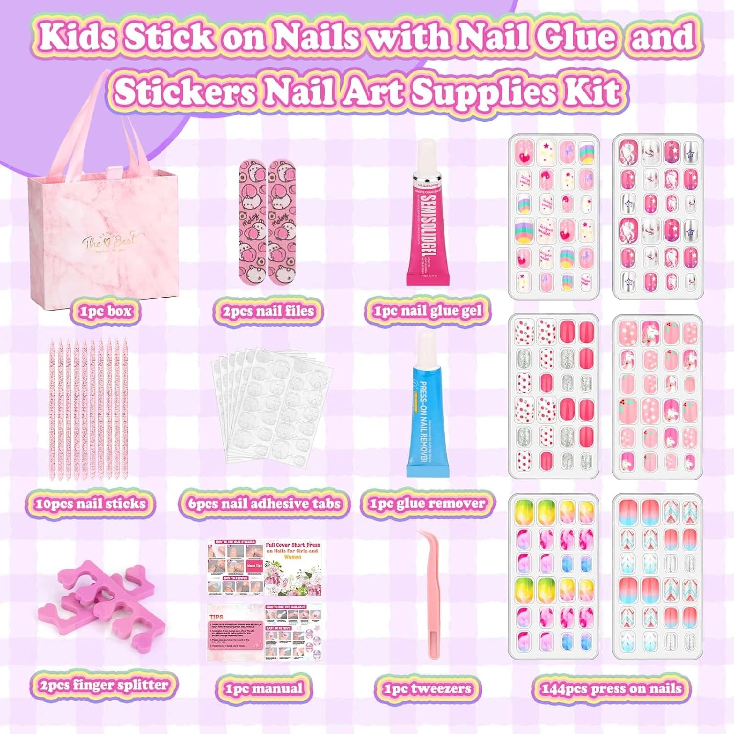 Cute Kids Acrylic Press On Nails With Jelly Glue Gift Set