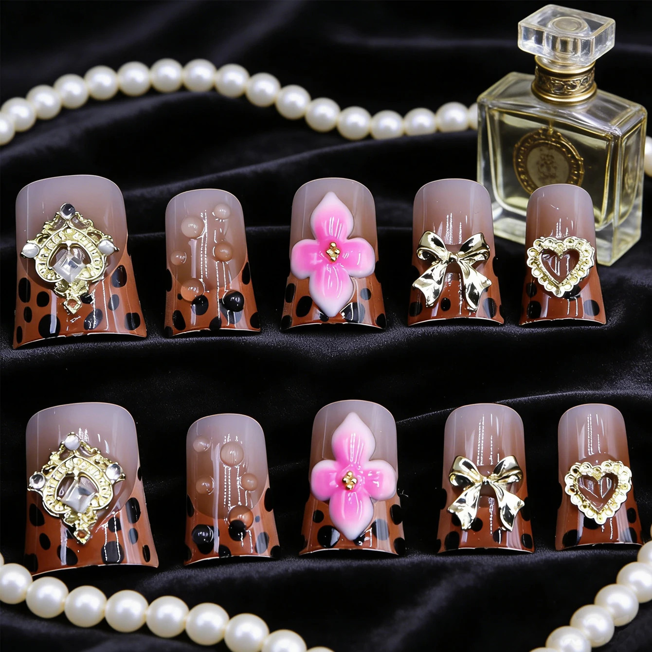Leopard Print Nude Fake Nails 10PCS Short Square Diamond French Pointed Nails