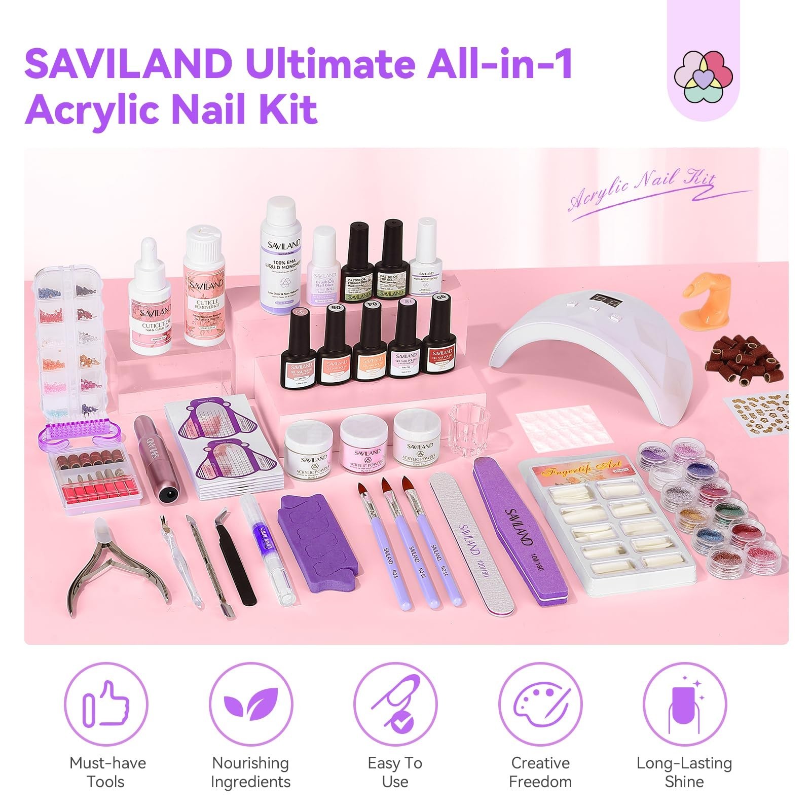 All-in-1 Acrylic Nail Kit with Drill & Nail Lamp | Beginner Set, Practice Finger