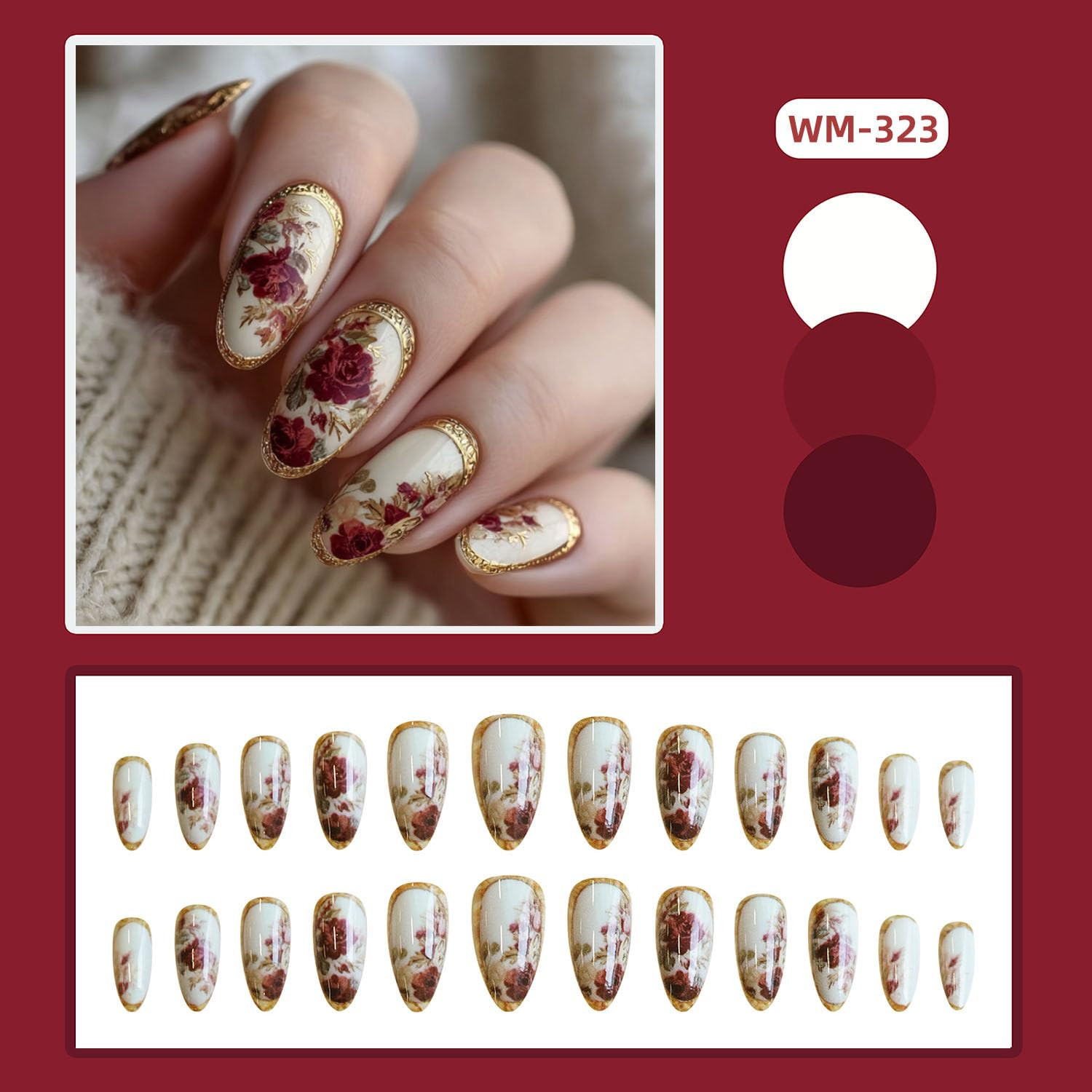 Press on Almond Nails Medium Length Glossy Full Cover Acrylic Rose Floral