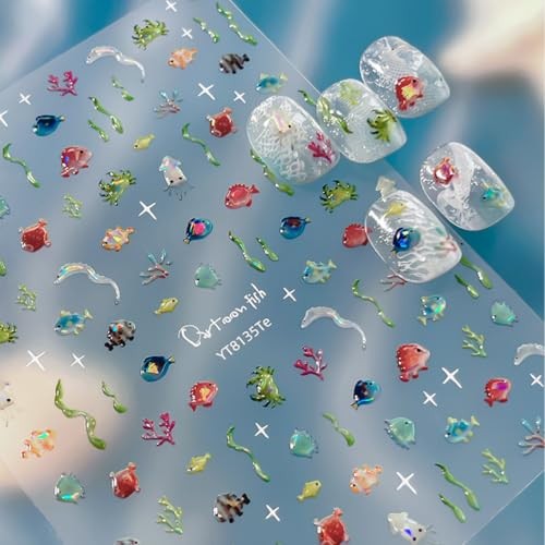 Aquarium Nail Stickers 1 PC 5D Ocean Fish Nail Decal Seaweed Underwater World