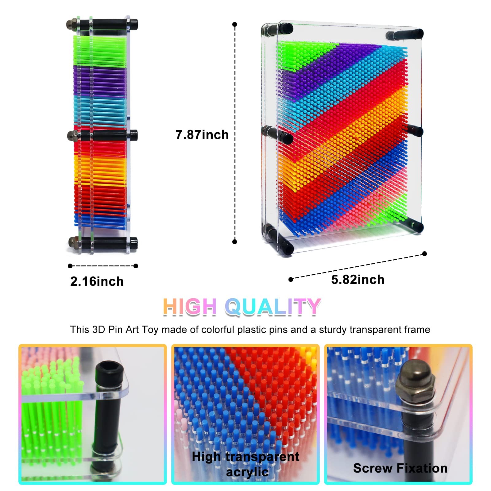 Hsxfl Classic 3D Pin Art Board Toy Sculpture – 8in x 6in Large, Colorful