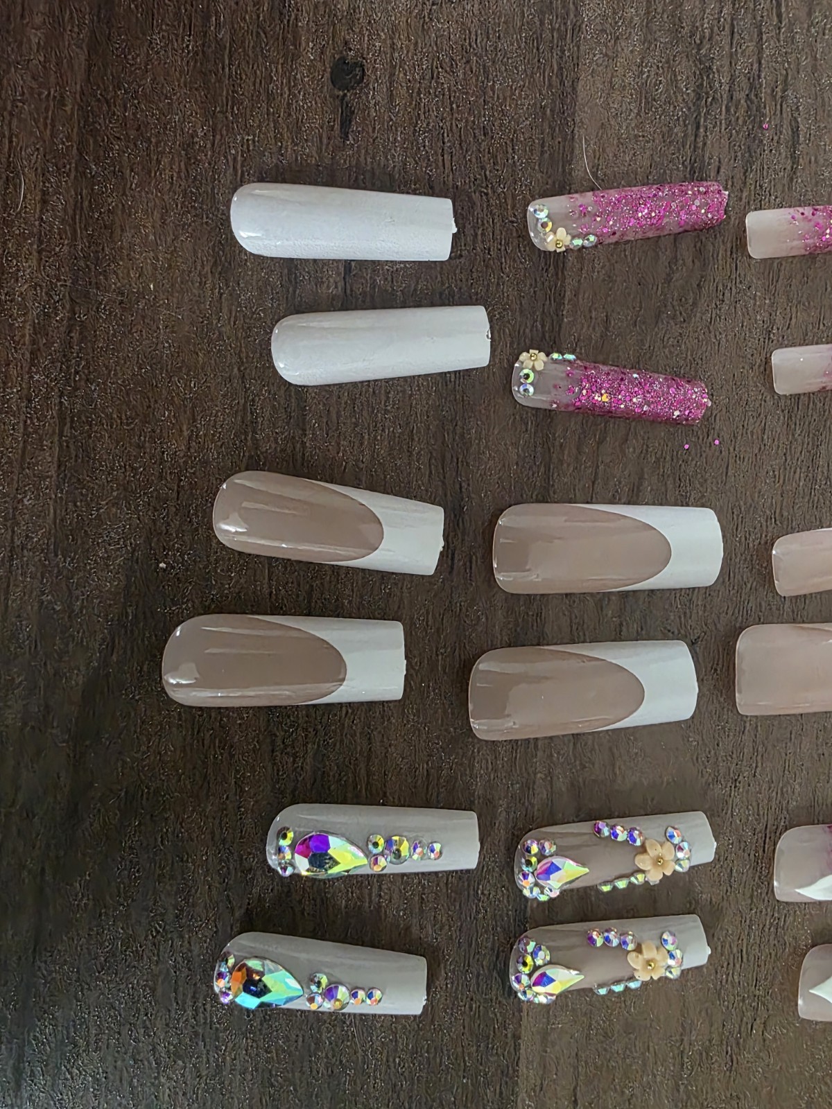 Long Square Full Cover Press-On Nails Pink Nude White Glitter Floral Set