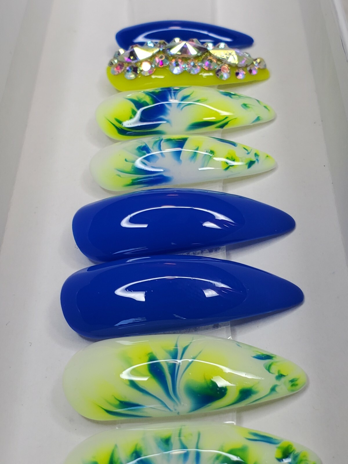 neon yellow white blue tie dye bling press on nails watercolor stiletto crystals