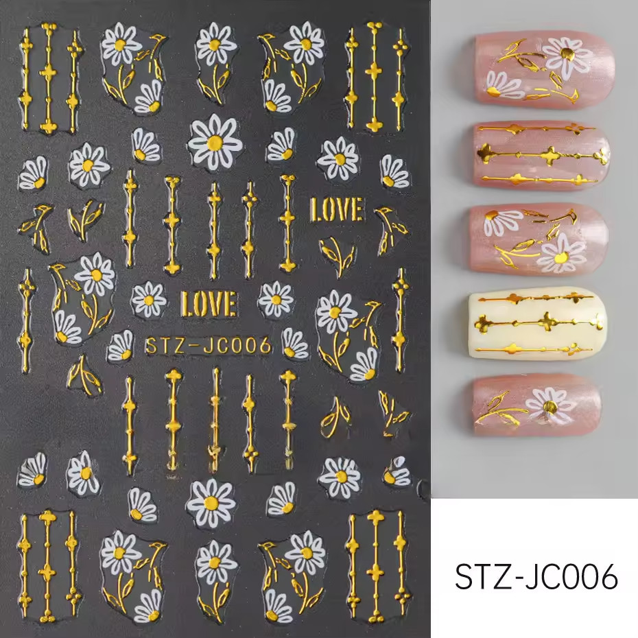 3D Pink Gold Flower Nail Stickers Metallic Floral Sakura Nail Art Decals DIY