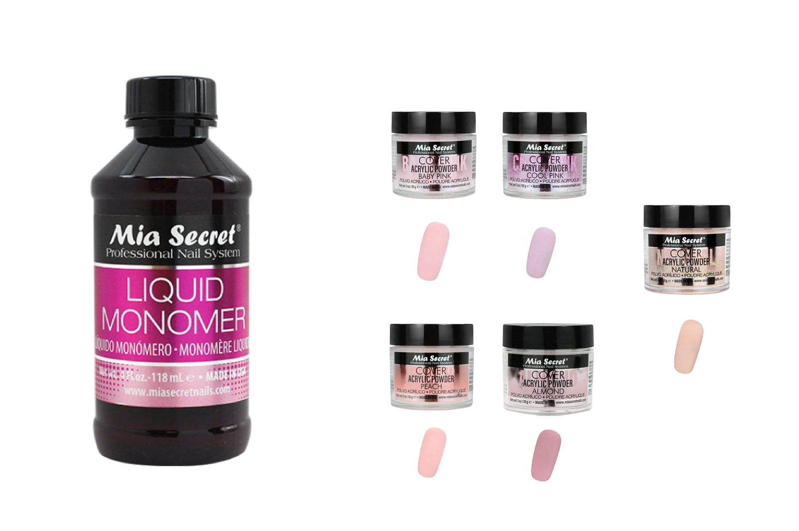 Mia Secret – Monomer 4 oz + COVER (Baby/Cool/Natural/Peach/Almond) – 1oz; 6pc