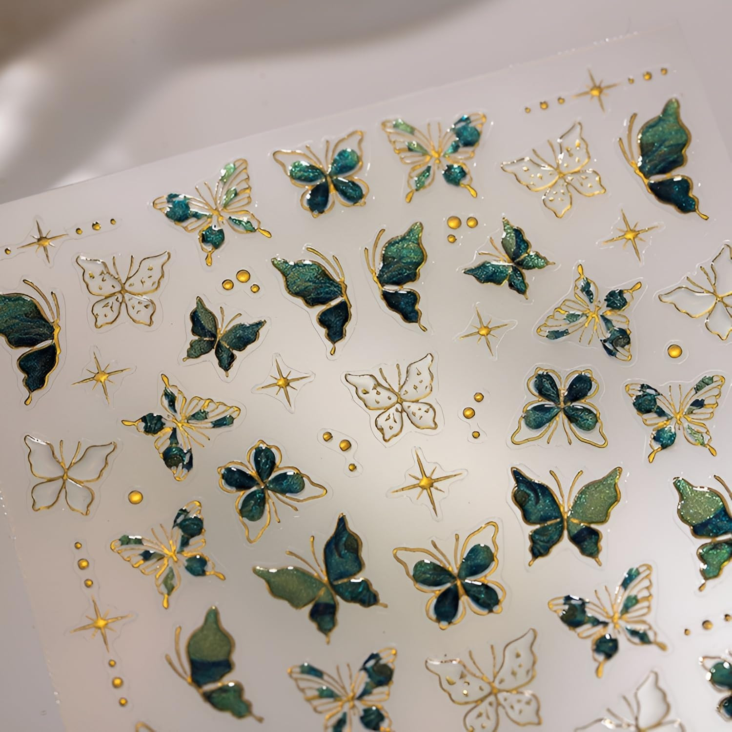 Green Butterfly Nail Stickers for Nail Art 5D Embossed Nail Decals Gold Butterfl