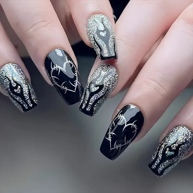 Ballet Press-On Jelly Nails 24pcs | Black Glitter Hearts & Flames Nail Set