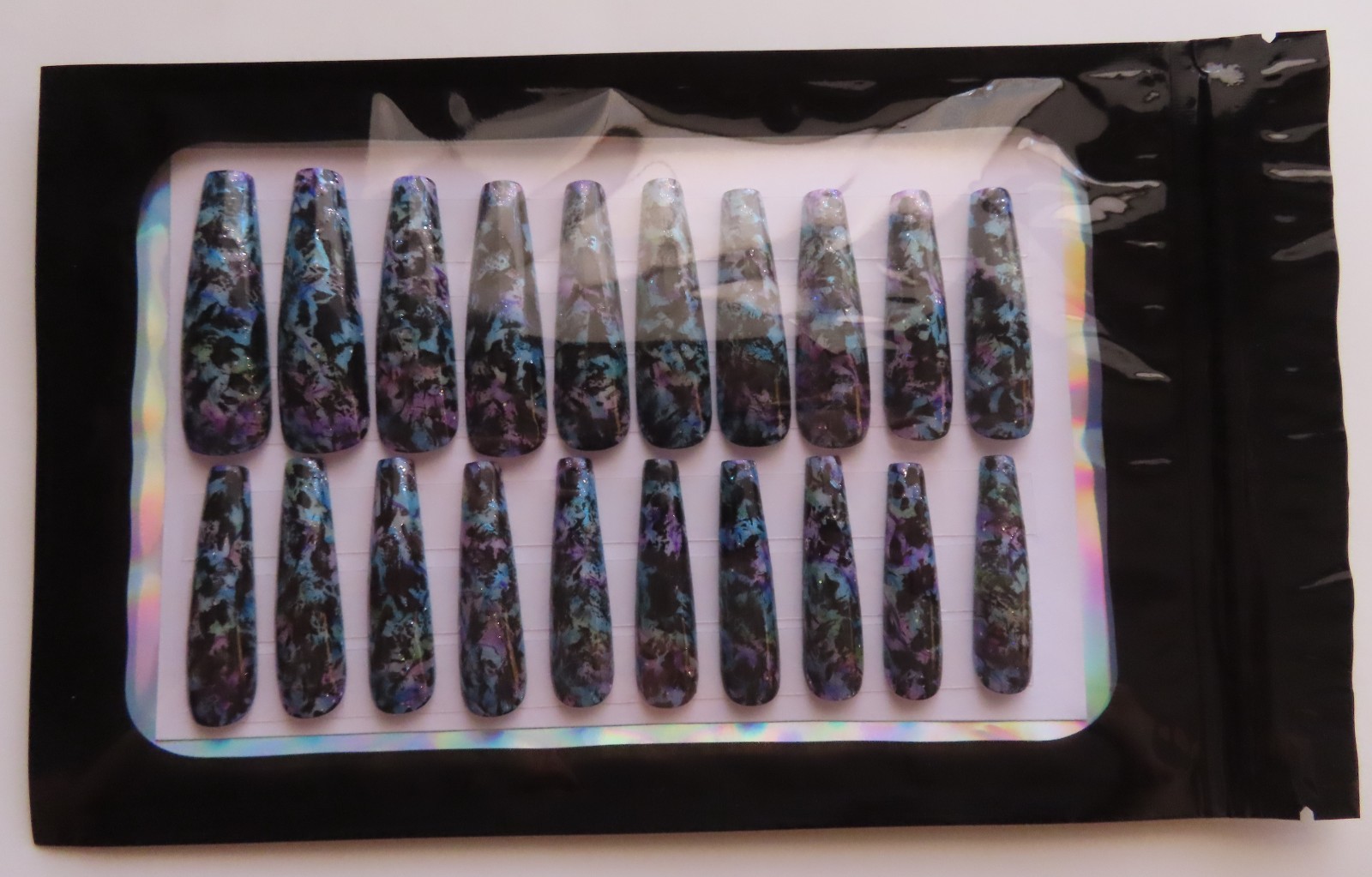 XL Purple Blue Green Black Ink Splatter Glitter Coffin Press On Nails