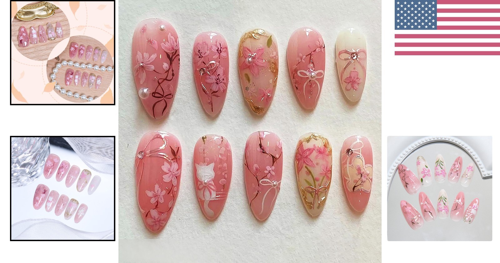 30Pcs Pink Flower Press on Nails – Gorgeous Almond Shape with Bow Design