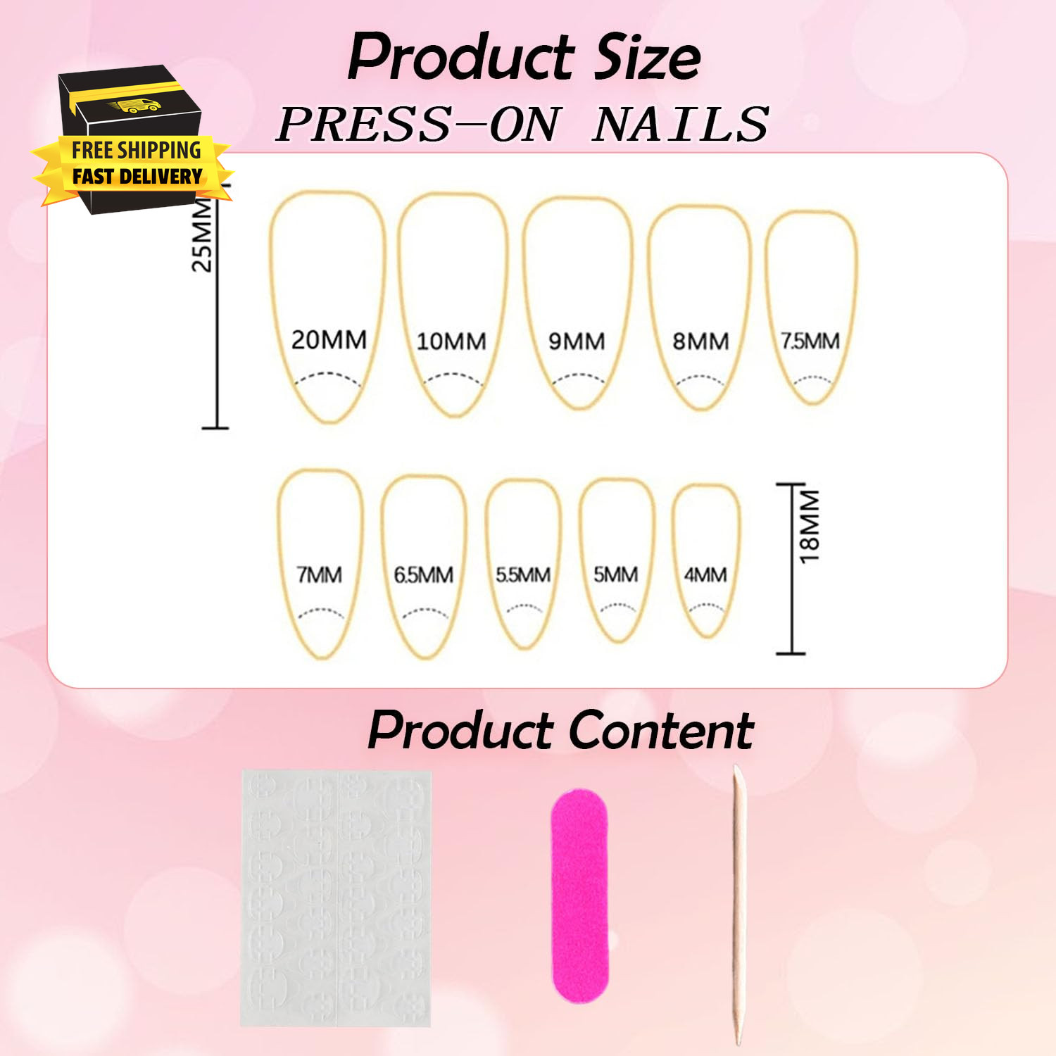 Almond Press on Nails Medium Glue on Nails Gold French Fake Nails 3D Gold Lines
