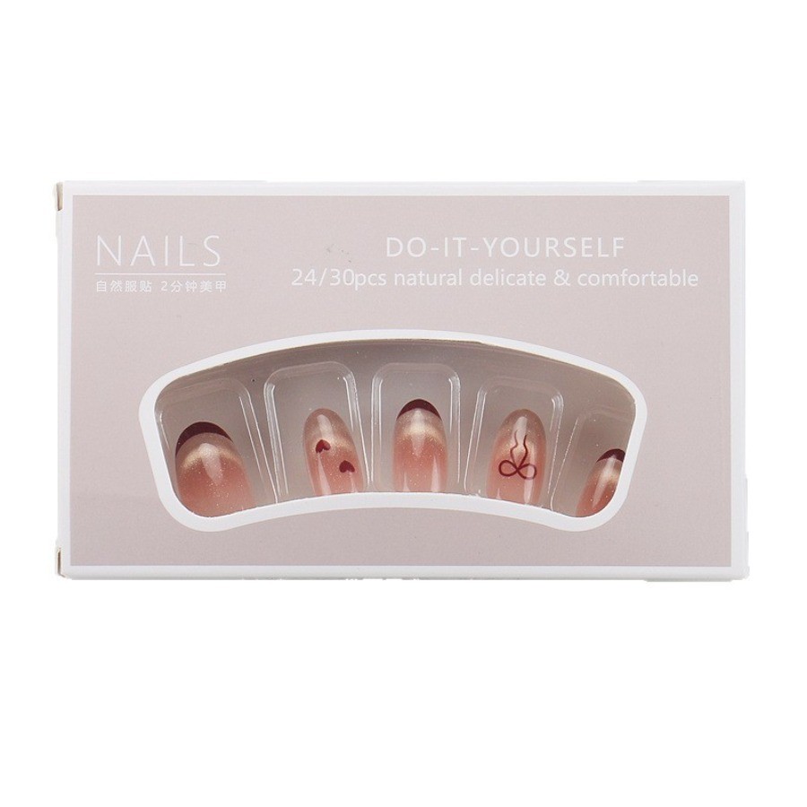 60pcs-Press on Nails Nude Red Cat Eye French Tip Bow Heart Short Square Set