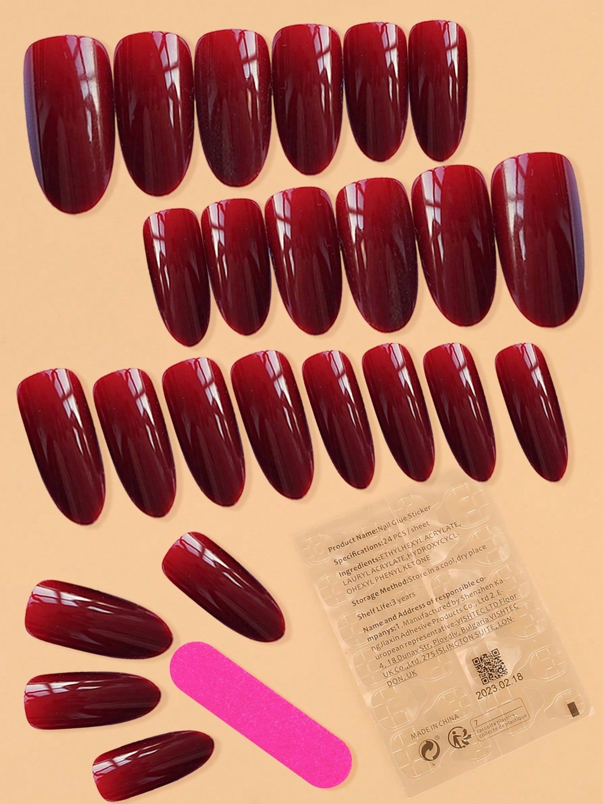 24pcs Long Coffin Burgundy Solid Glossy Plain Fake Nail False Nails Press On