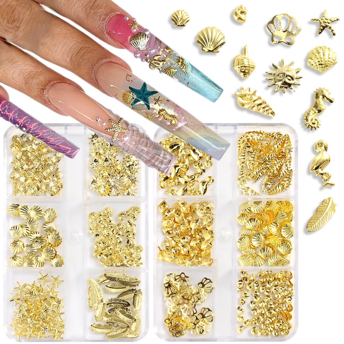Beach Nail Charms, Gold Gems and Charms Summer Sea Horse Seashell Starfish Ch…
