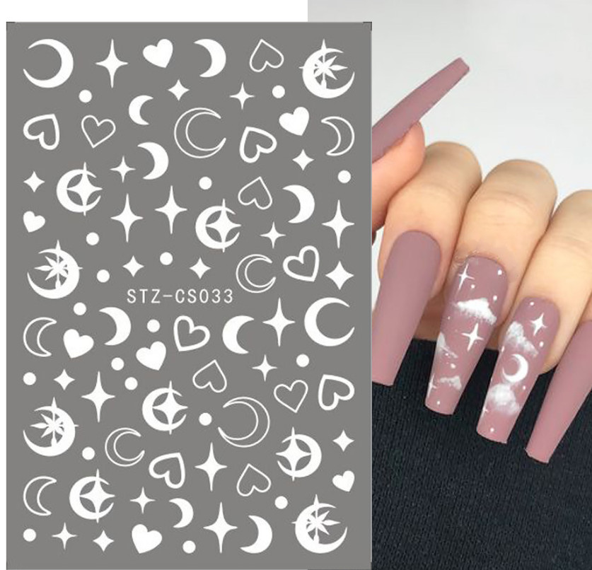 3D Nail Art Decals Sticker White Moon Star Heart (CS33) Peel & Stick DIY NS7