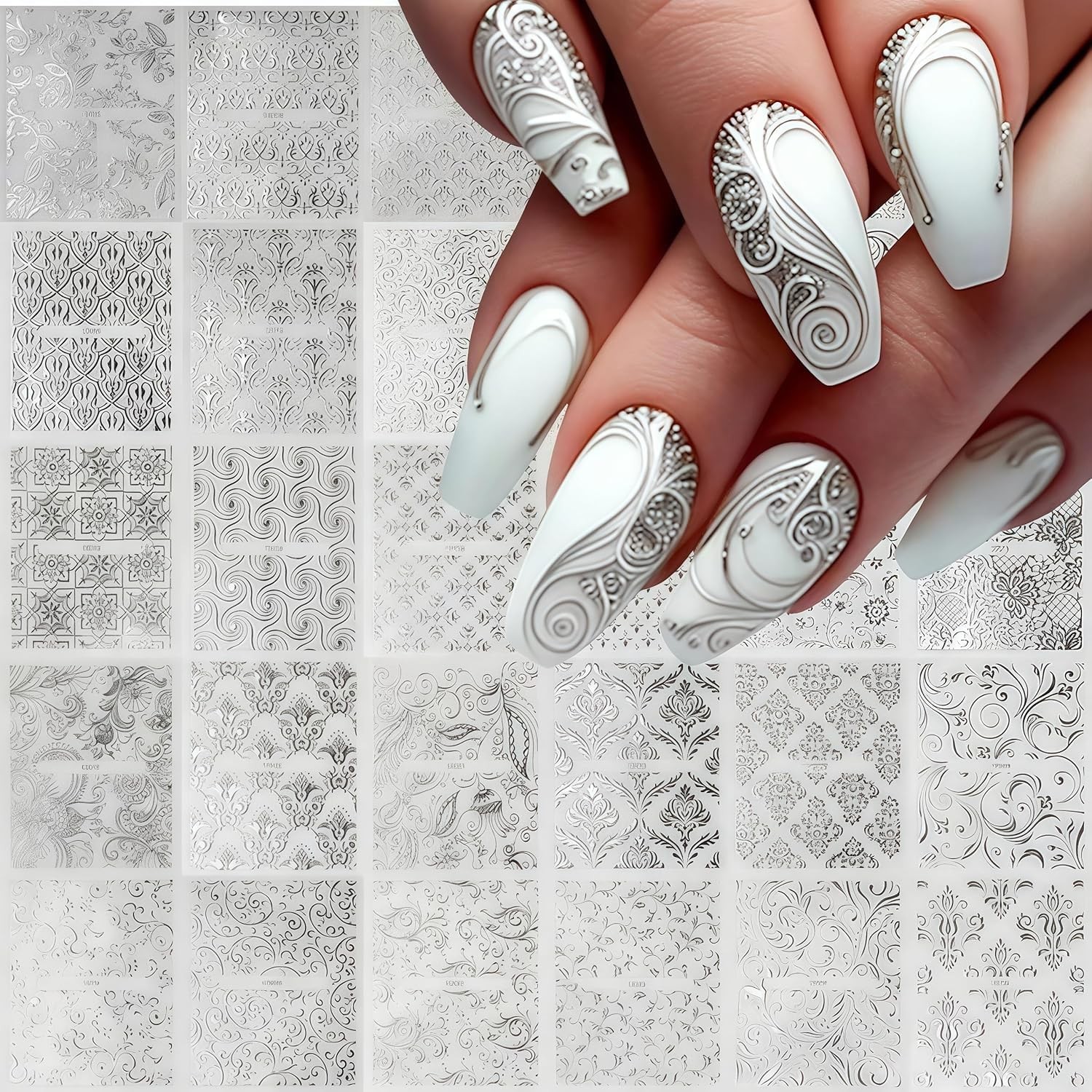 30 Silver lace Nail Stickers for Flower Nail Art 3D -Adhesive Nail Decals Sil…
