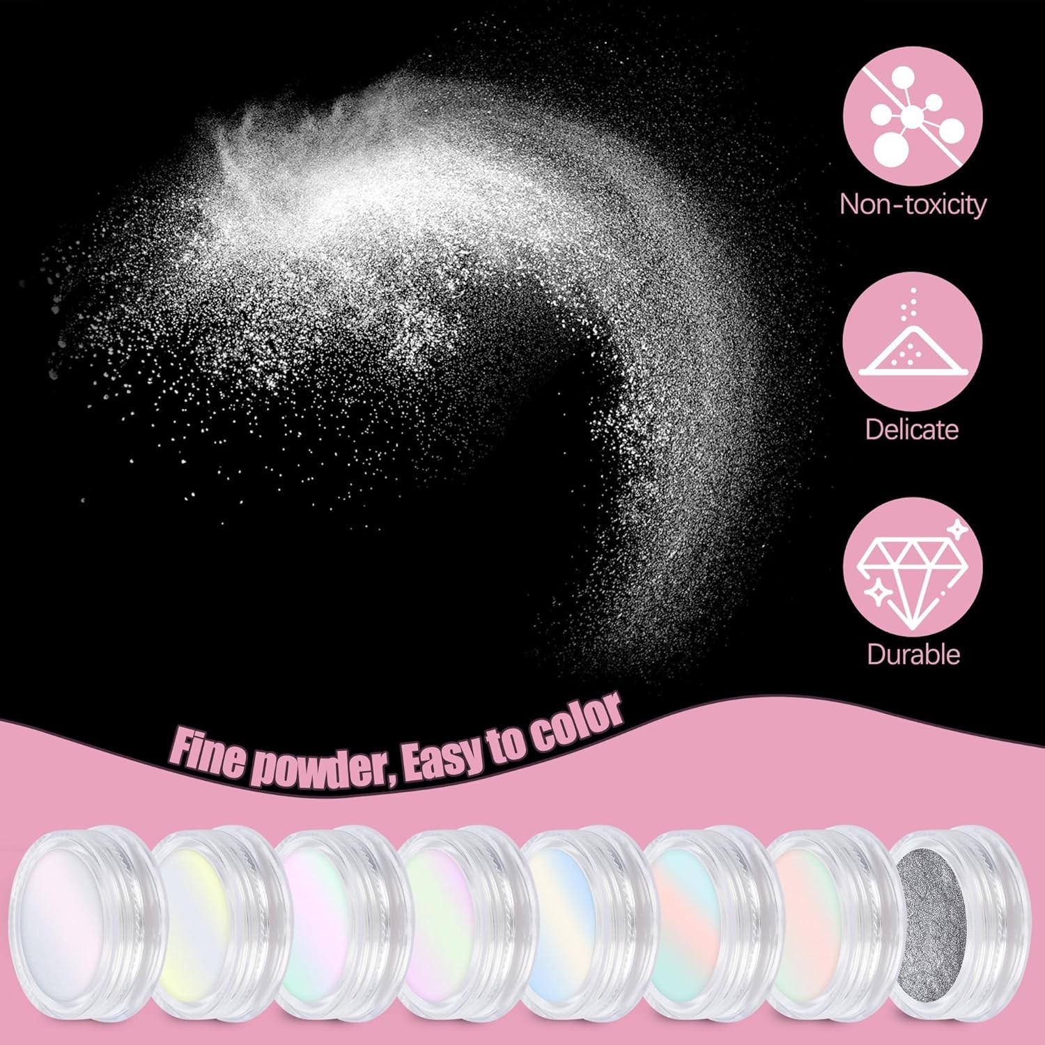 8 Jars Chrome Nail Powder Magic White Pearl Kit Silver Mirror Metallic Effect