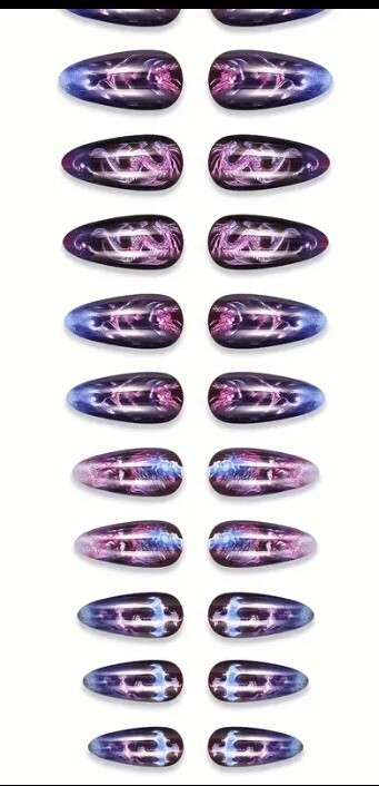 24 PCS Press-On Nails: Blue and Purple Dragon Holographic Long Nails