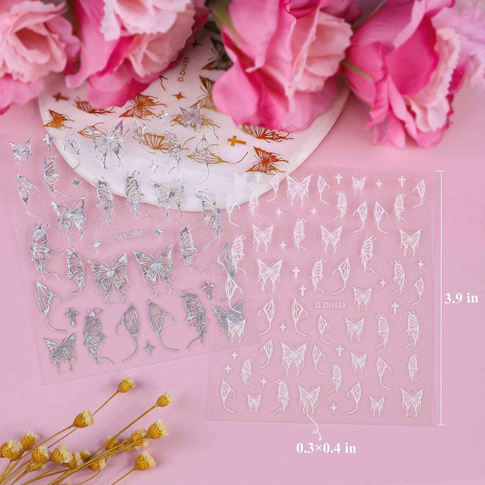 Kikonoke 12 Sheets Laser Butterfly Nail Stickers White Silver Gold 3D Decals