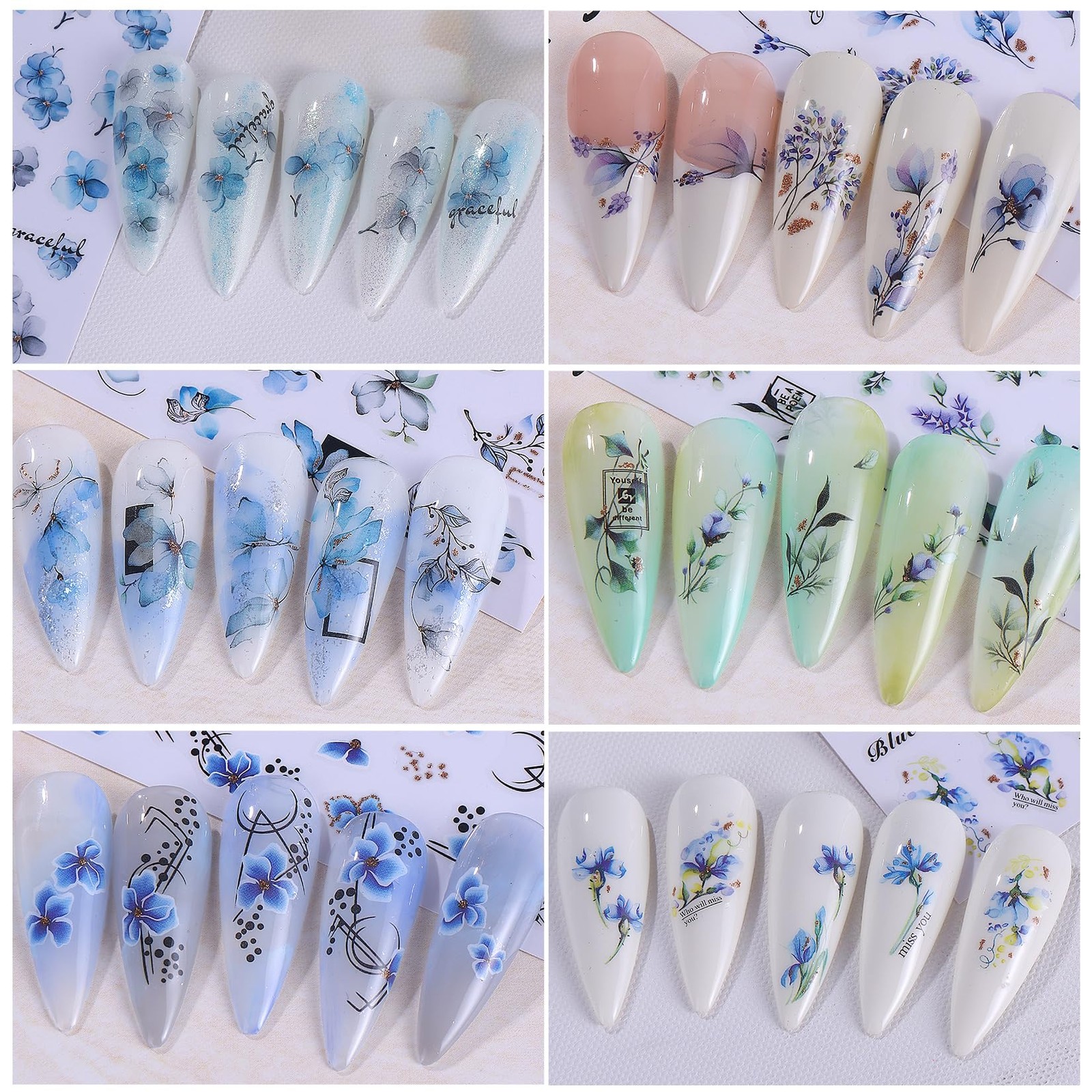 Ink Flower Nail Art Stickers 12 Sheets 3D -Adhesive Nail Decals with Tweezers…