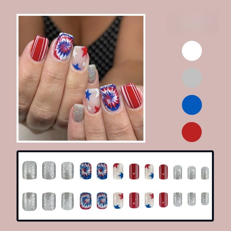 48pcs-USA Tie Dye Star Press on Nails Square Nail Art Set Reusable Handmade