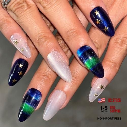 24 Pcs Green Blue Ombre Press On Nails – Cat Eye – Medium Almond Fake Nails