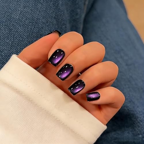 Cat Eye Press on Nails Short, Handmade Press on Nails square black purple