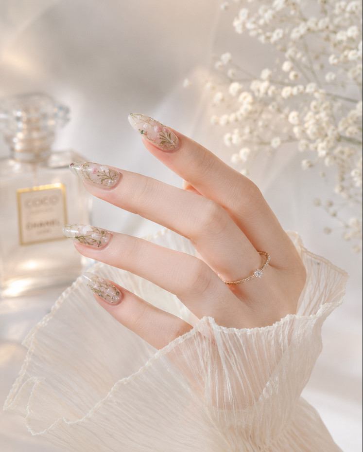 24Pcs Middle Length Green Flower French Press On Nails 3D Pearl Almond