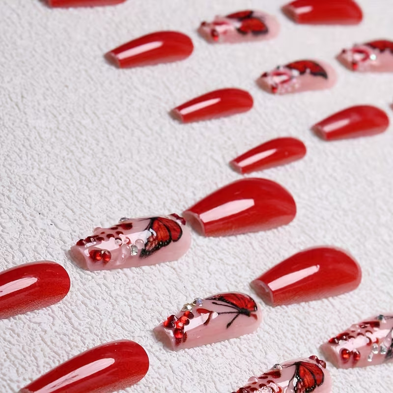 24pcs Red Ballet Press-On Nails, Long, Glossy, Colorful Butterfly Design, Summer