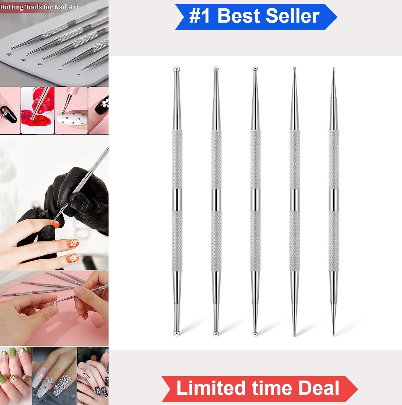 Nail Art Dotting Tools 5 Pack 2 Way Stainless Steel Pen Manicure Kit 3mm 1mm
