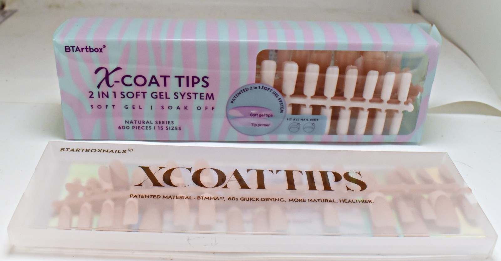 BTArtbox X-Coat Tips 2-in-1 Soft Gel System Natural Series 600 PCS 15 Sizes Nail