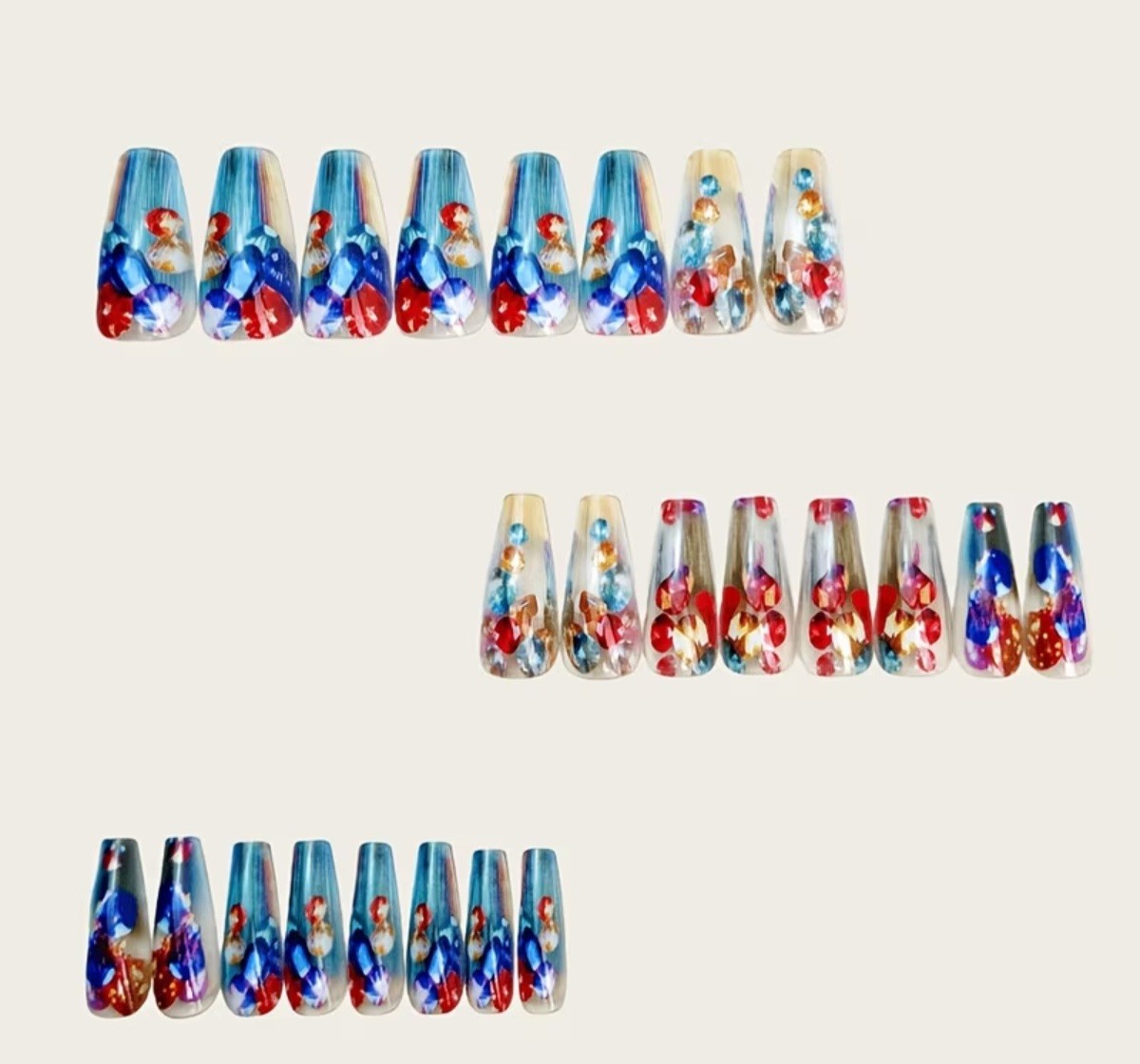 Set Blue and Red Contrast Color Dazzling Gemstone Long Nails, BUY 1 GET 1 GREE