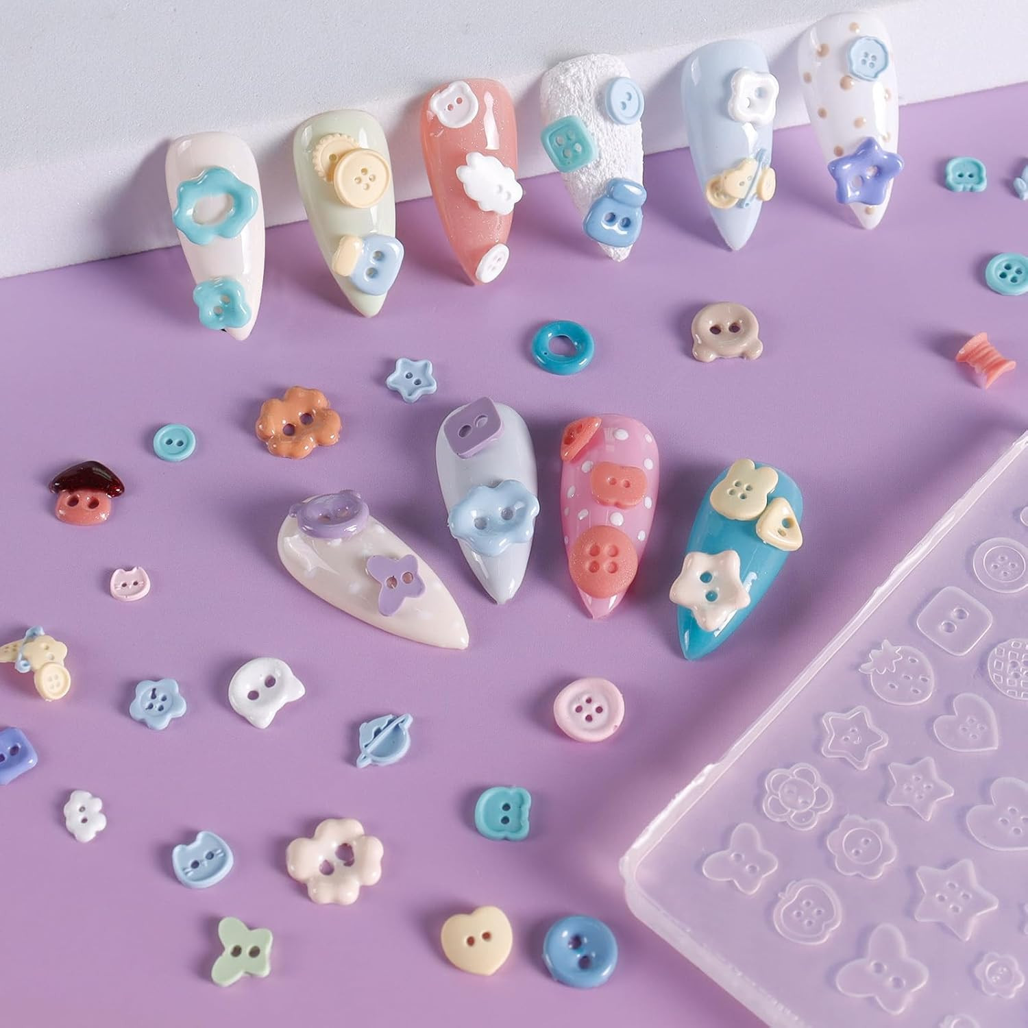 4Pcs Button Silicone Nail Art Molds, 3D Multiple Shapes Embossed Button Nail Cha