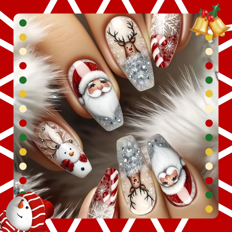 48P Long Coffin Press on Nails, Silver Glitter Santa Reindeer Holiday Fake Nails