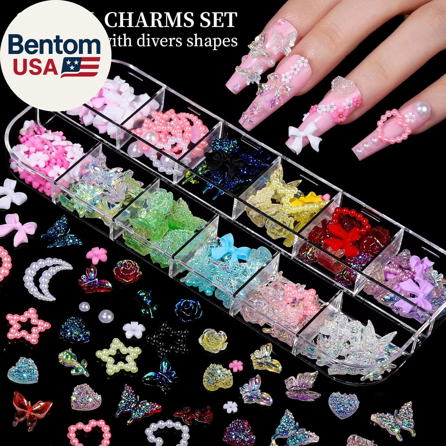 Nail Charms, Nail Rhinestones Kit with 8 Boxes of Nail Gems, 3D Charms for Nails