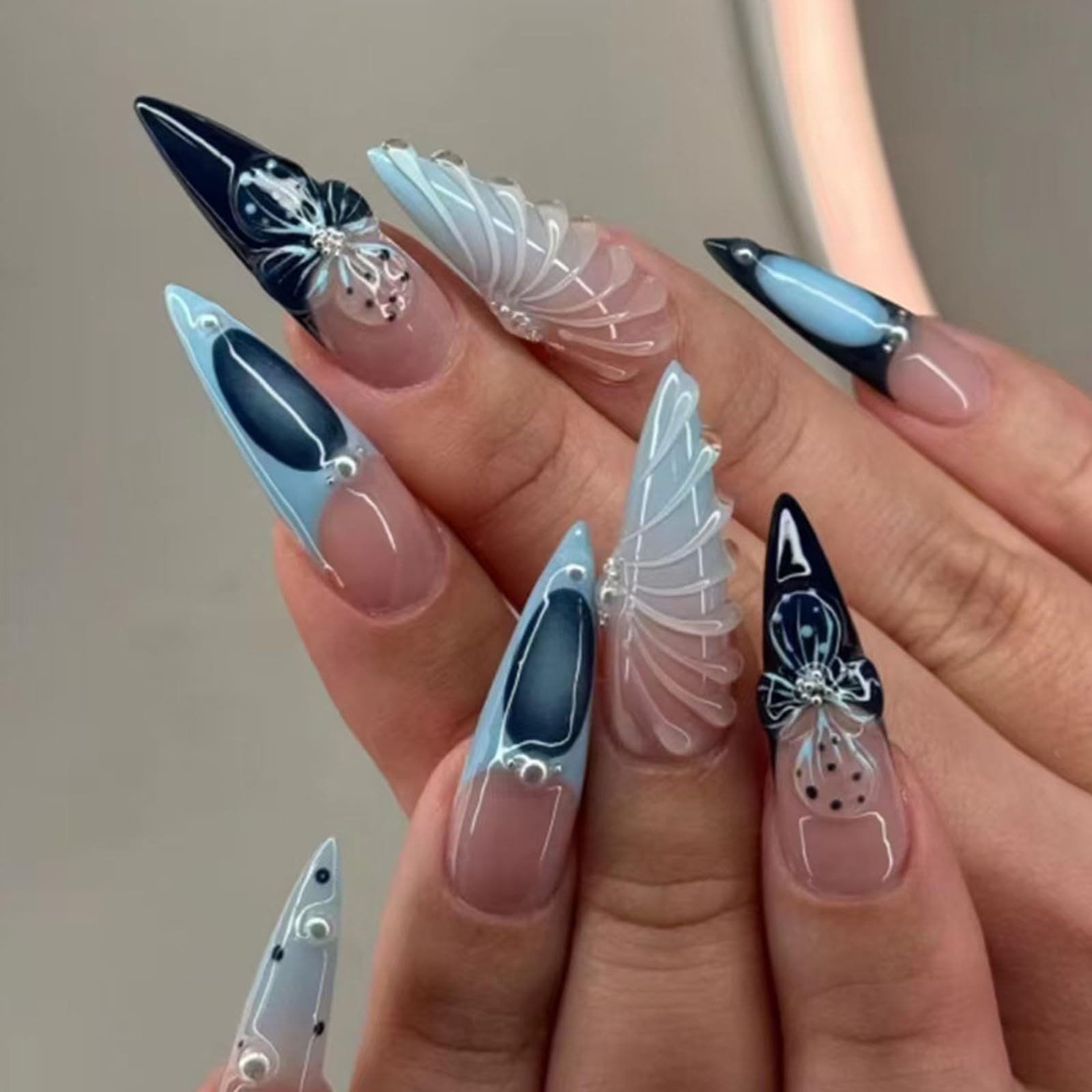 24Pcs French Tip Press On Nails Blue Black Long Almond Fake Nails Flower Fals…