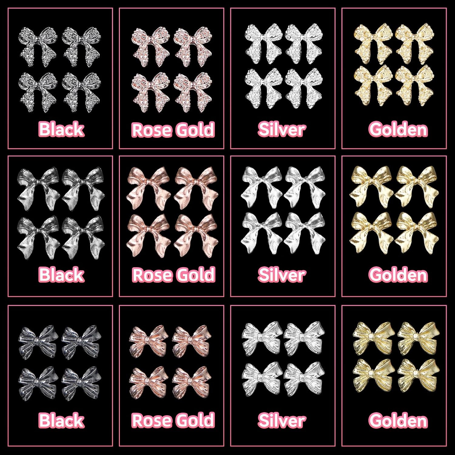 60 Pcs Metal Bow Nail Gems, 3D Alloy Bow Kont Nail Charms – 12 Styles Silver, Go