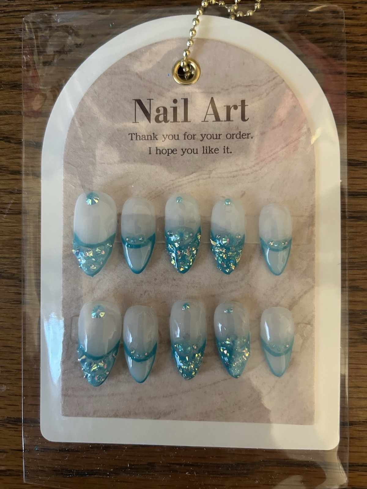 Z NAILZ! Handmade M Almond Milky White W/Turquoise French Nail & Stones Press On