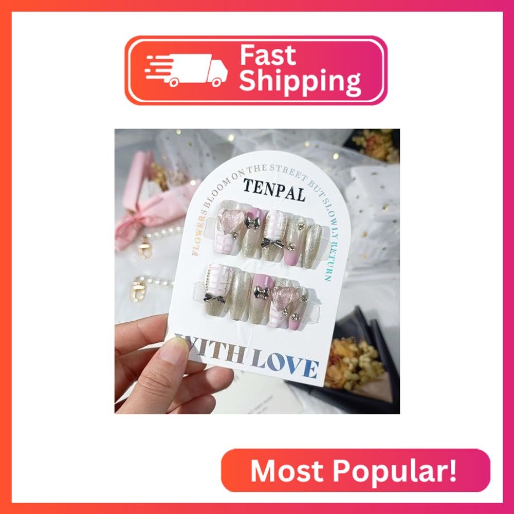 TENPAL Ash Pink Glitter Houndstooth Coffin Nails, Handmade Press on Nails Medium